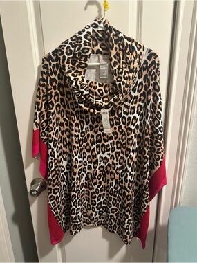 Poncho Print Chico's leopard animal with a cowl neck and red color